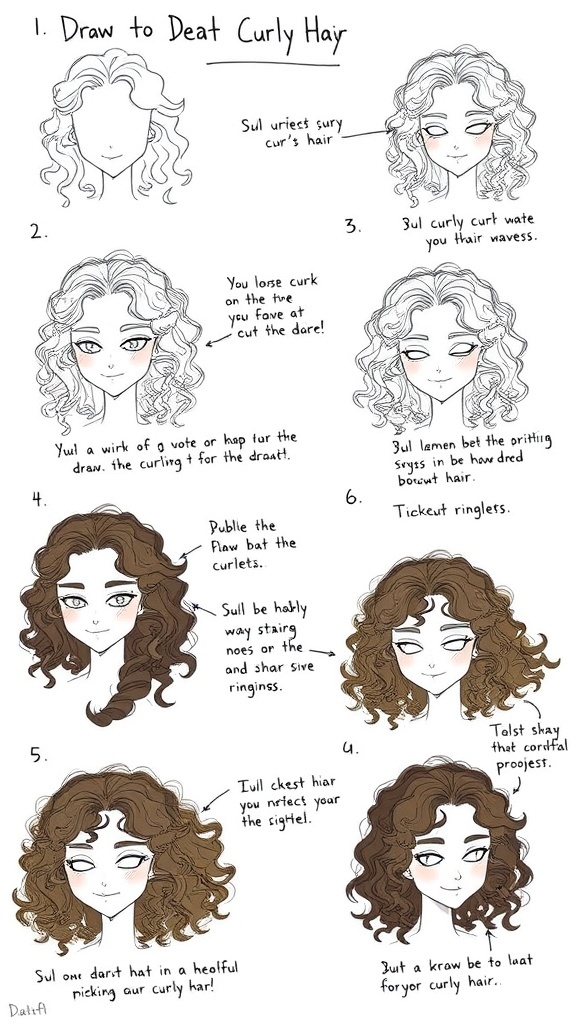 Step-by-step guide to drawing curly hair with sketches and annotations.